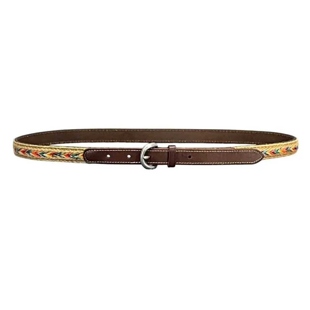 Rainbow Chevron Jute Braided Silver Buckle Brown Genuine Leather Belt 32” - 36”